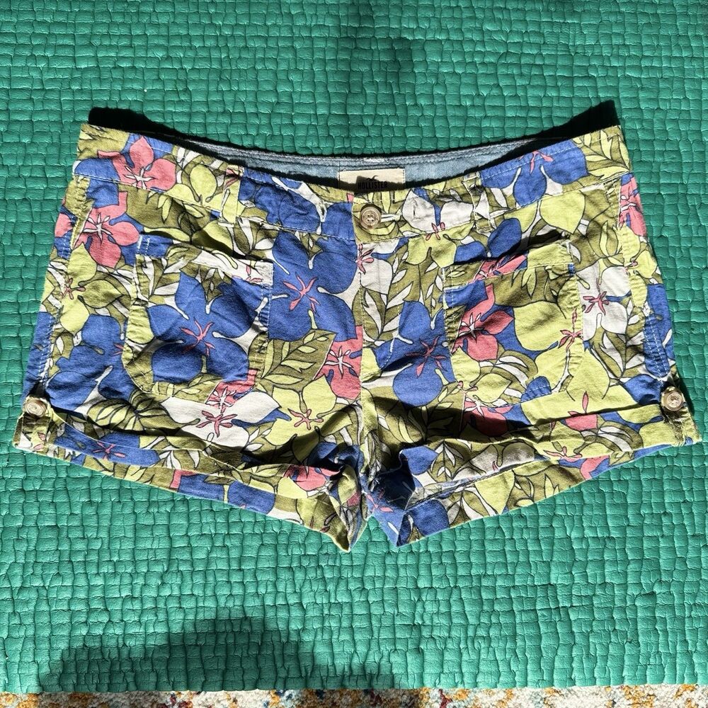 Hollister Vintage y2k Green Blue Pink Floral Tropical Linen Shorts Sz 7 Low Rise
